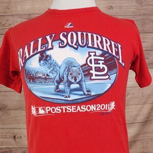 ST LOUIS CARDINALS RALLY SQUIRREL 2011 POSTSEASON MAJESTIC RED TSHIRT SIZE S